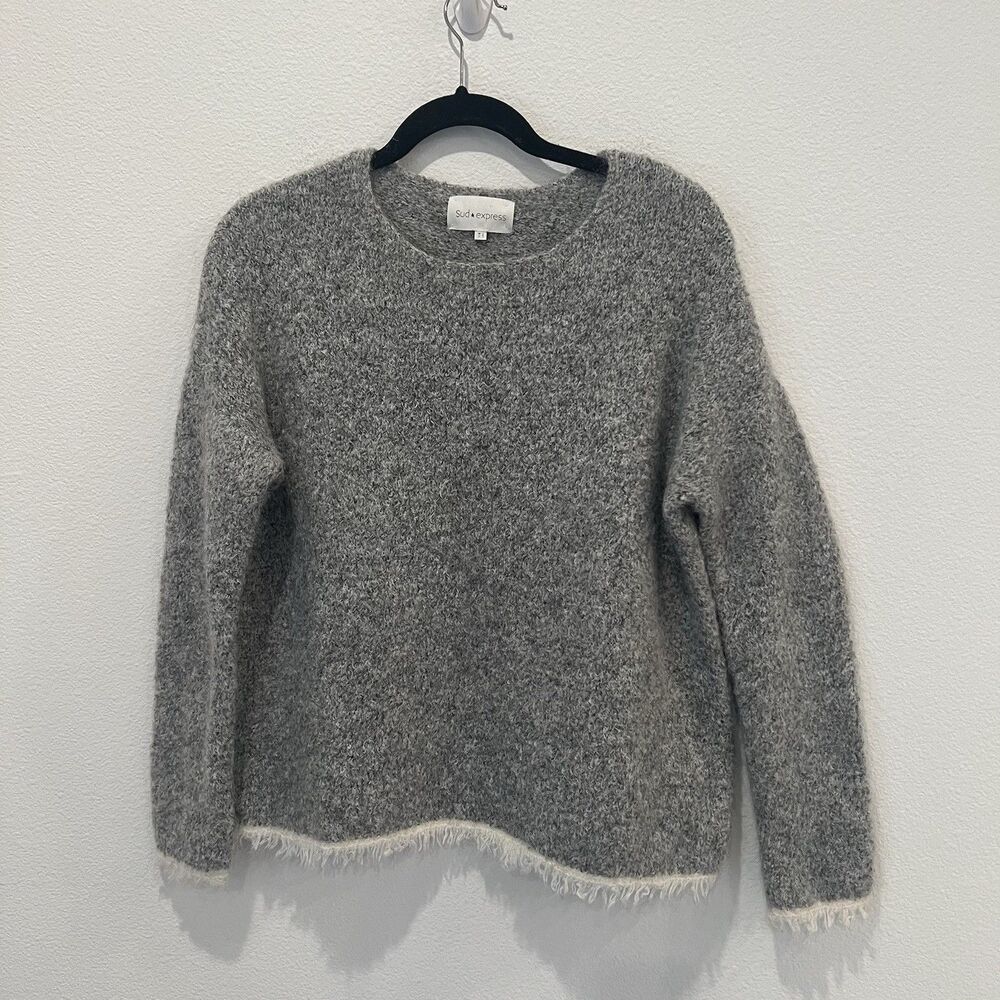 Sud Express Sweater Women Small Grey Mohair Blend Pullover Fringe Bohemian